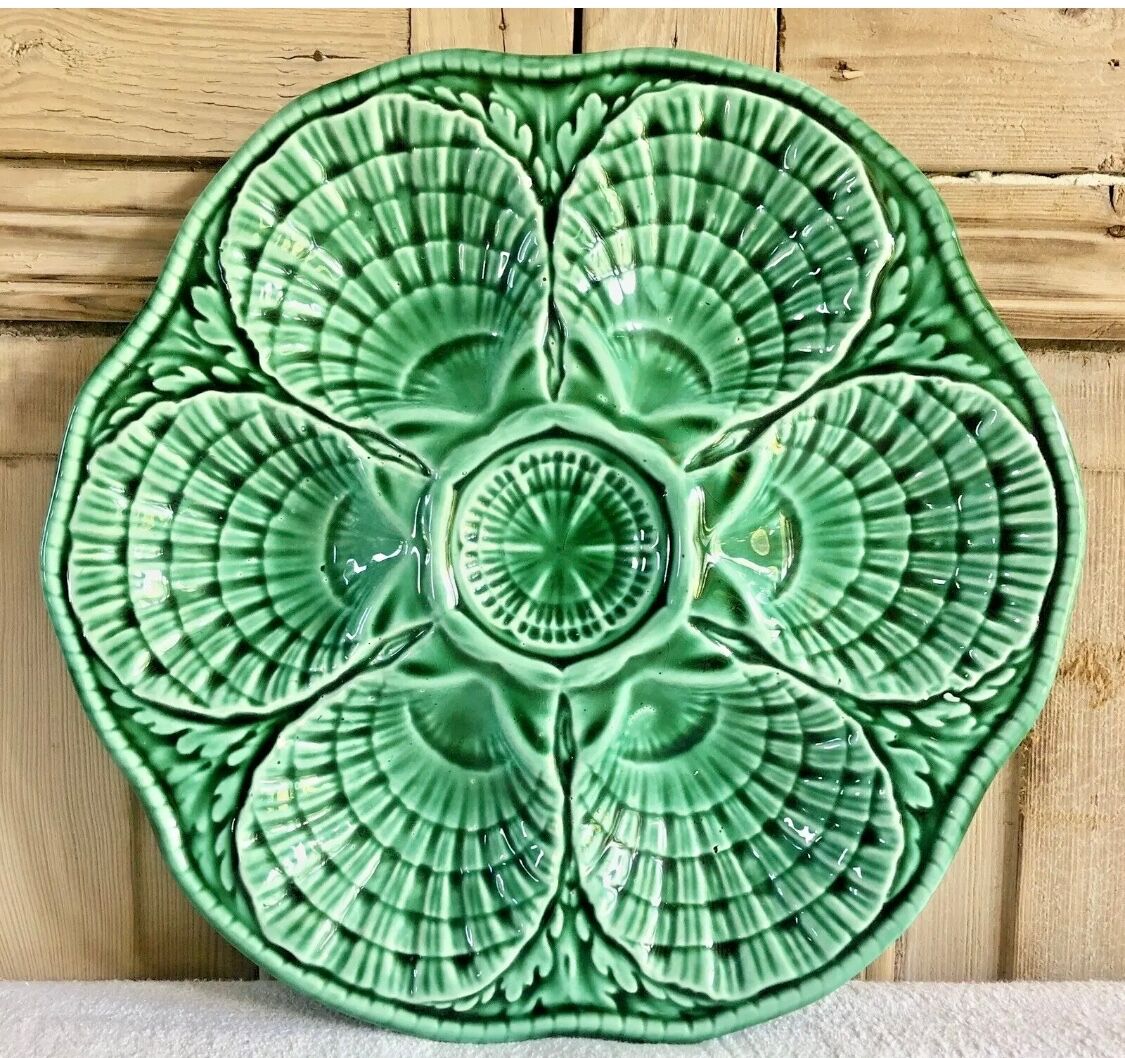 7 old oyster plates Sarreguemines green slurry