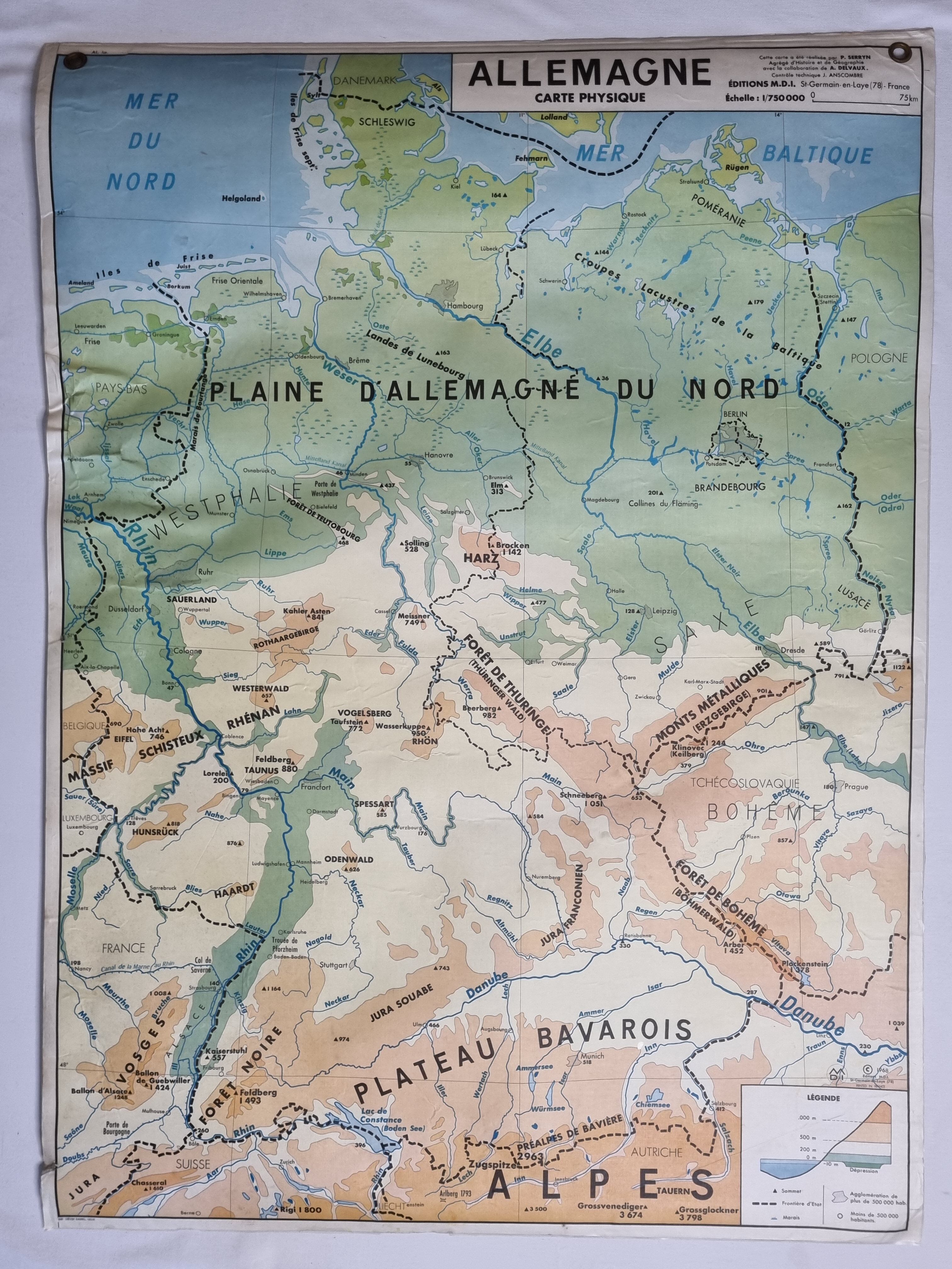 Pedagogical map MDI, 1968, reversible, physical map of Germany and economic map of Italy