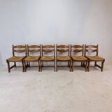Ensemble de 6 chaises rasoir en chêne brutaliste, France, années 1960