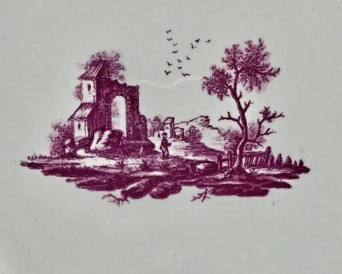Ancien plat rond Gien modèle Paysages roses 1938 1960