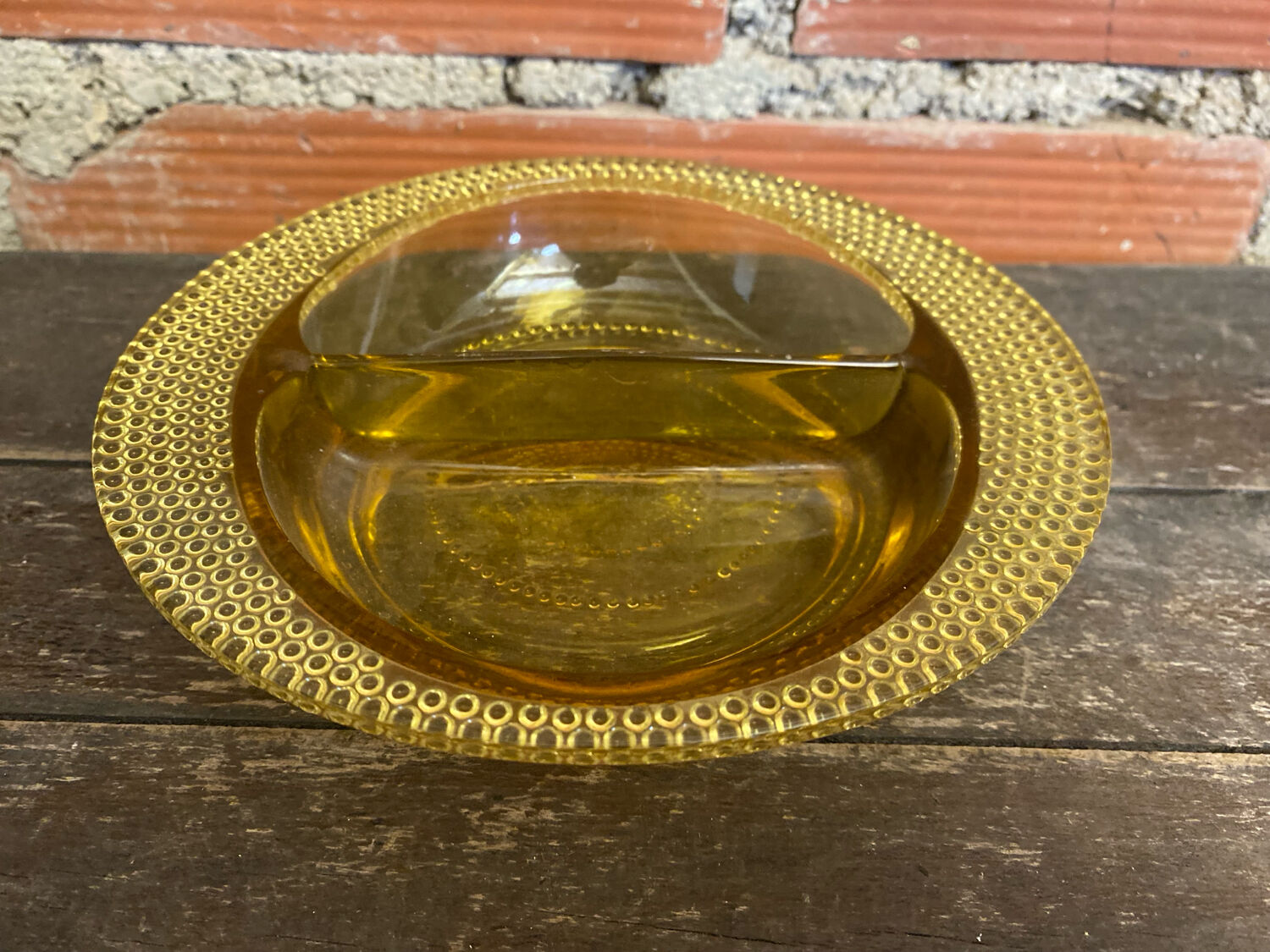 Bol Vide Poche Ancien Verre Moulé Jaune Ambré Rang De Perles Années 50