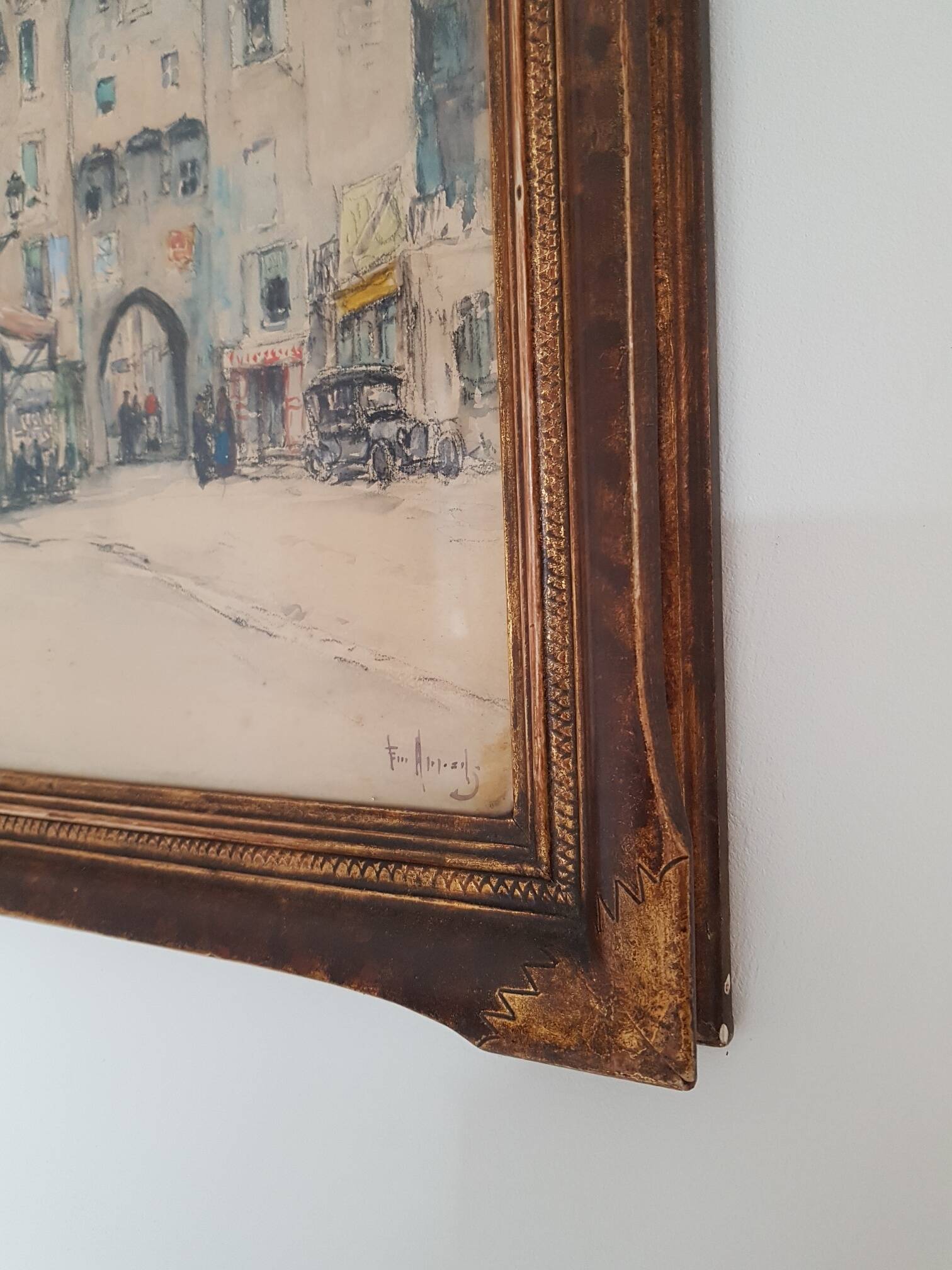 Old watercolor painting "Fortified entrance to Marvejols"