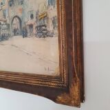 Tableau ancien aquarelle "Entrée fortifiée de Marvejols"