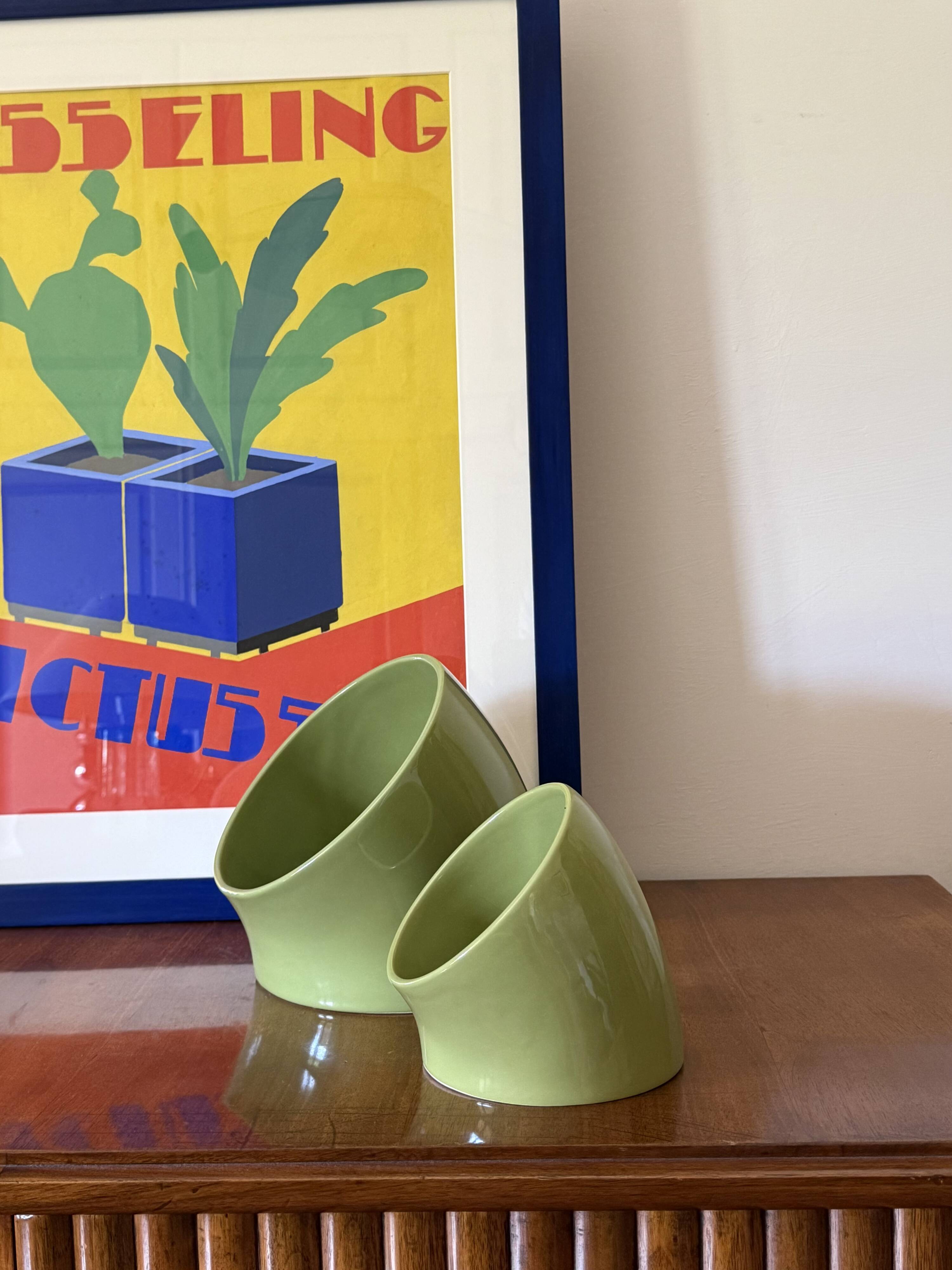 Space age set of 2 green ceramic vide poche, Sicart Italy ca. 1970