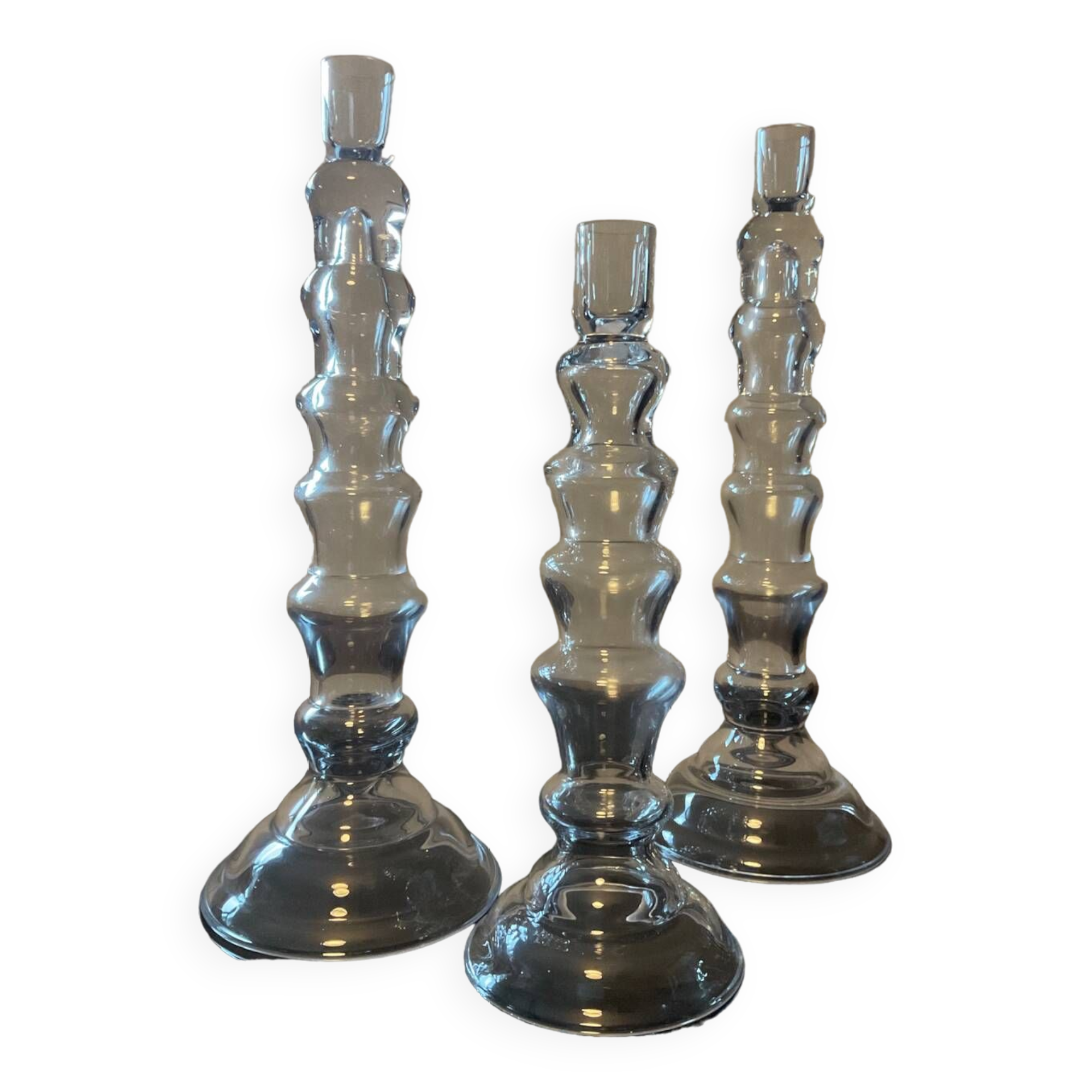 Trio of designer blown glass candle holders