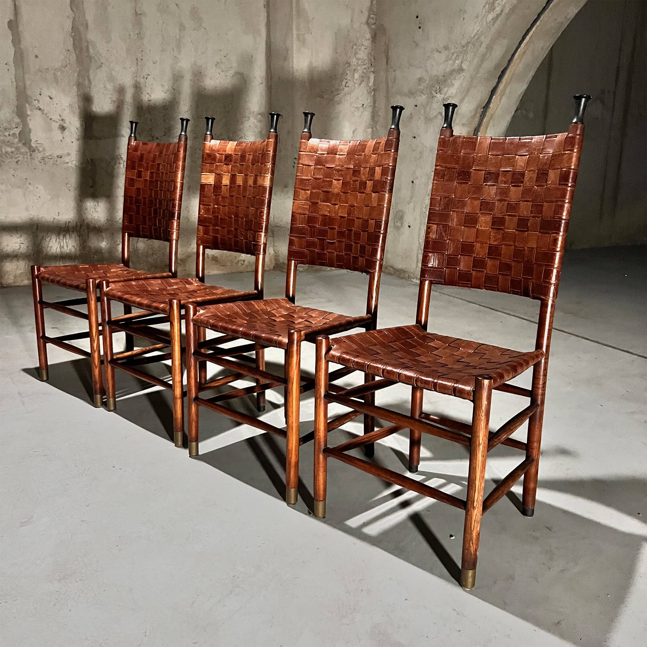 Set of 4 Pine and Leather Dining Chairs, 1970s