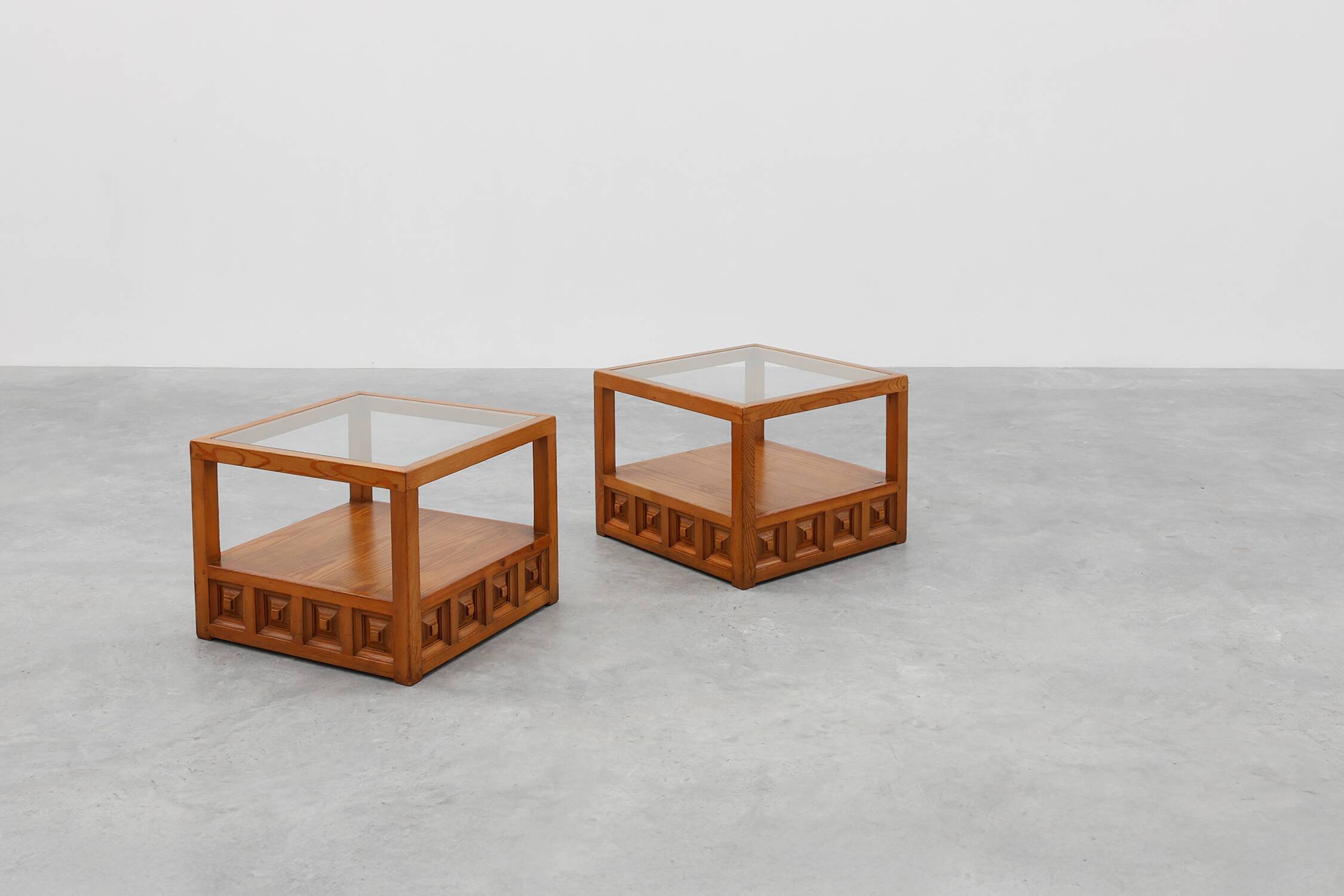 Pair geographical designed square Biosca coffee tables in pine wood, Spain