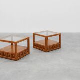 Pair geographical designed square Biosca coffee tables in pine wood, Spain