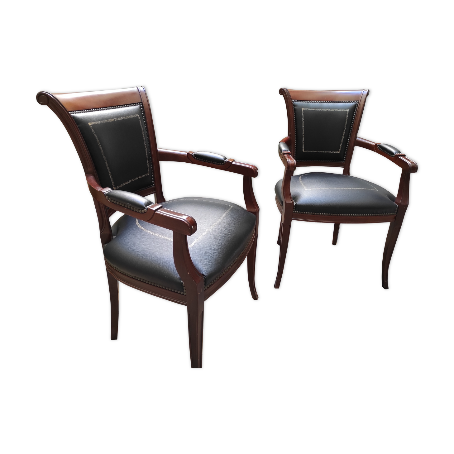 Genoveva armchairs directoire style black leather border gold