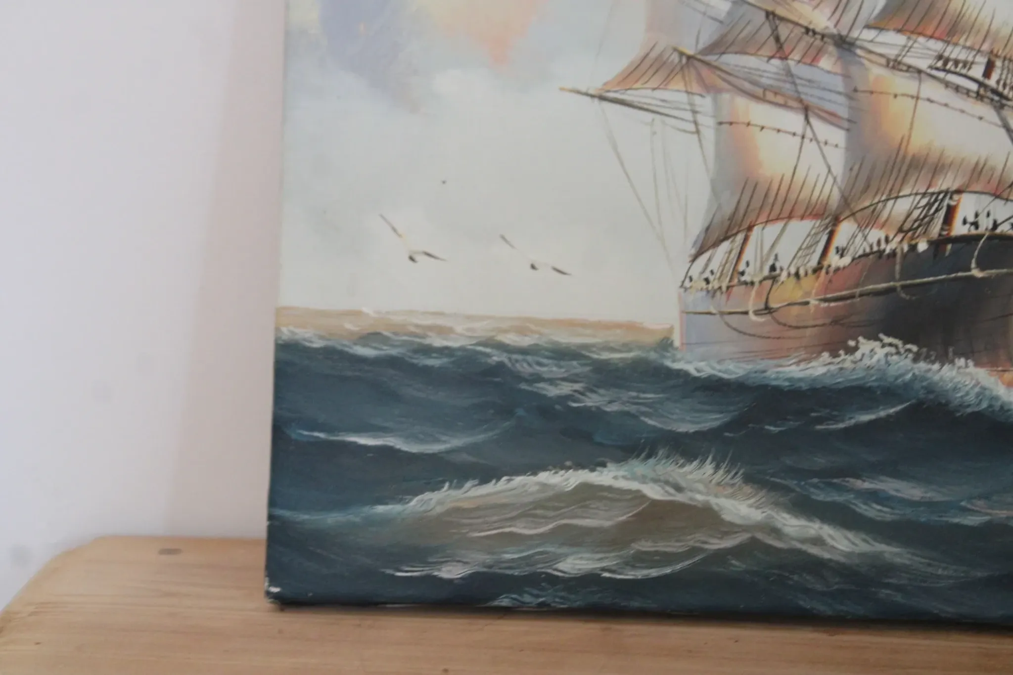 Marine painting on canvas – Large sailing ship at sea – 40 × 30 cm