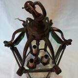 3-light bronze hexagonal lantern and bevelled glasses.  19th century