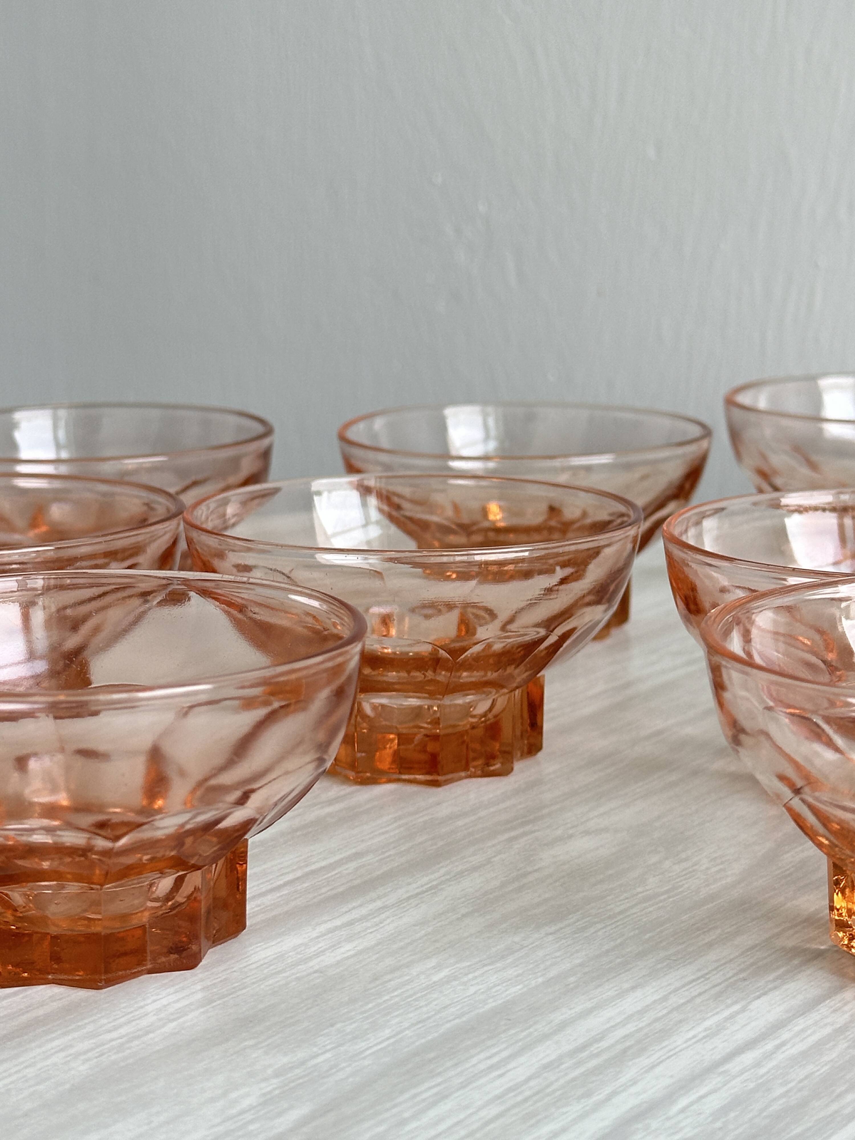 10 translucent pink bowls, small colored glass ramekin