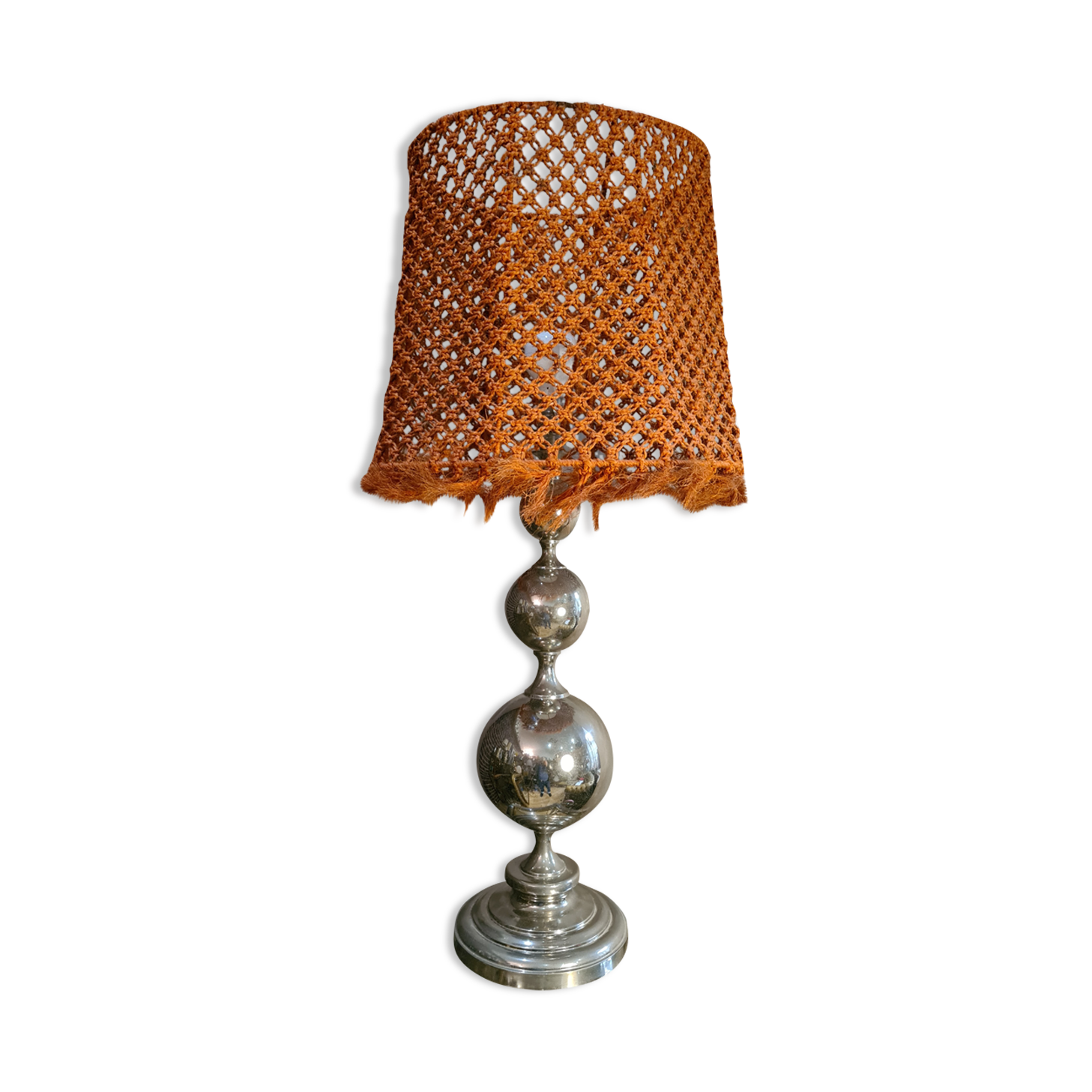 large nickel-plated lamp 1970 macramé lampshade 87x40, very beautiful