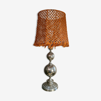 Lampe nickelé 1970 abat jour macramé