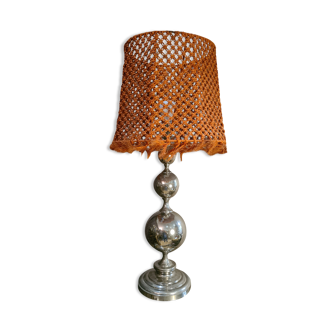 Lampe nickelé 1970 abat jour macramé