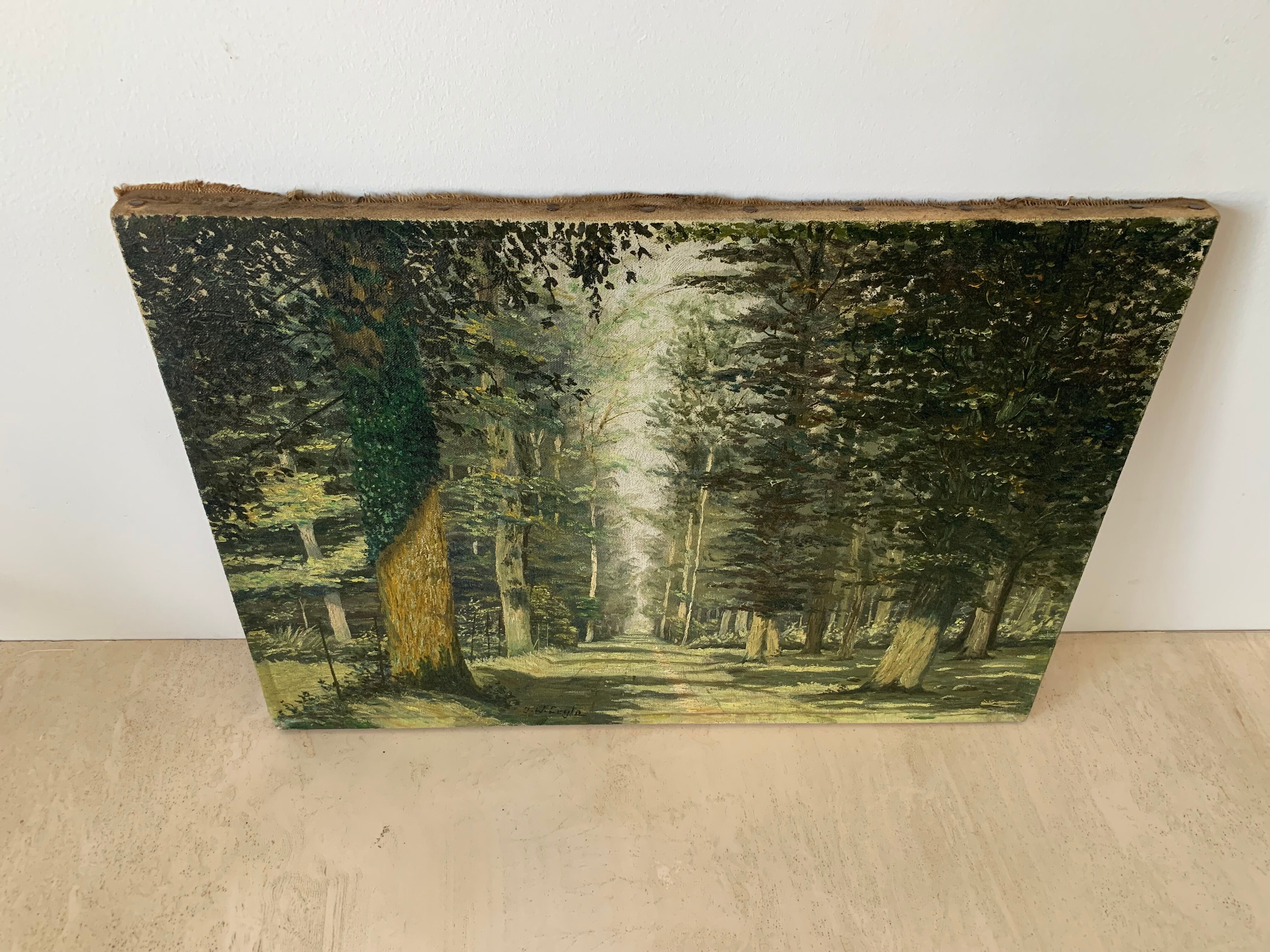 Huile sur toile, forêt, vintage