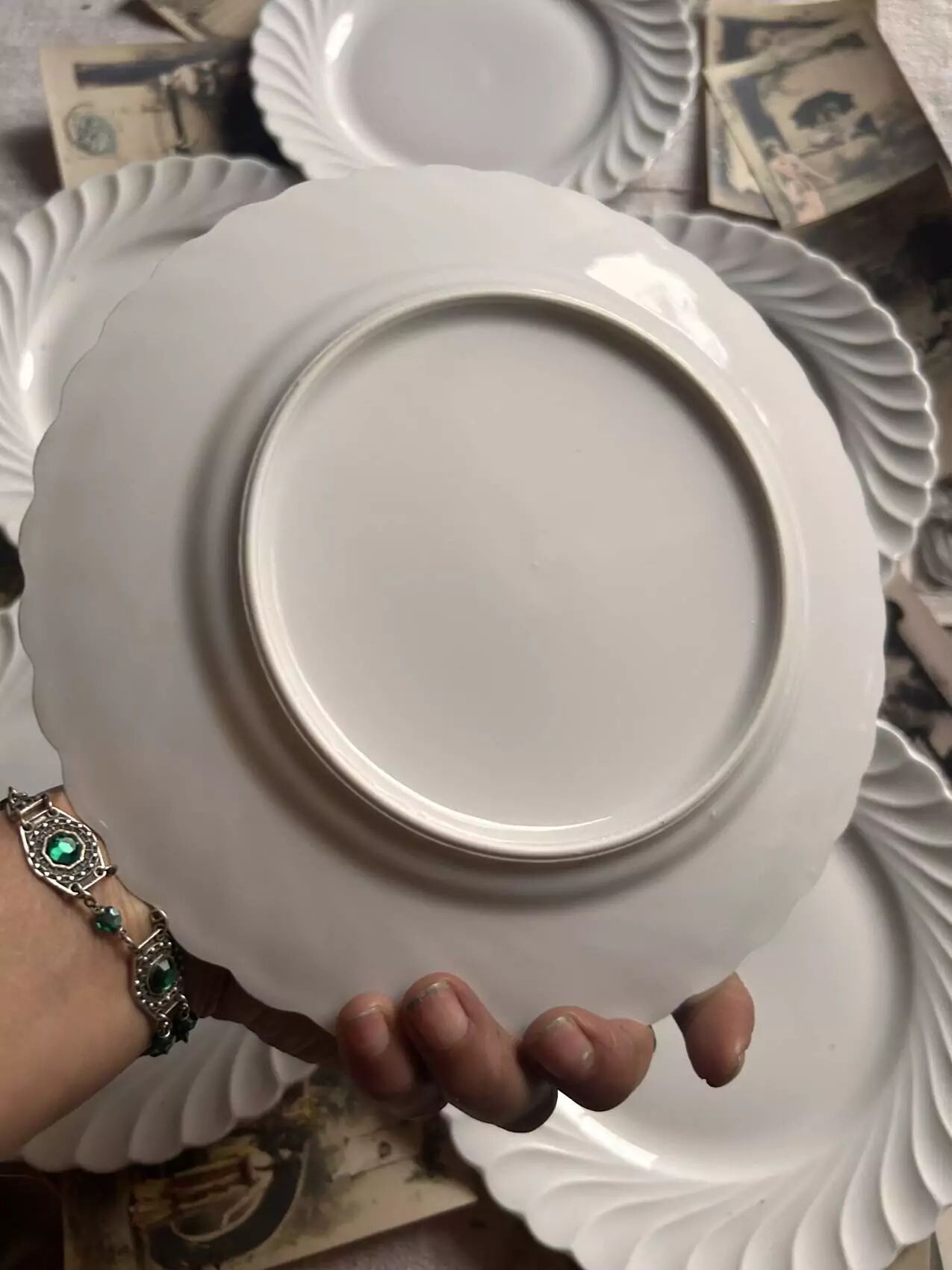 Set of 6 antique twisted white porcelain plates, a beautiful timeless classic.