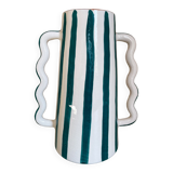 Fir and white green striped ceramic vase with handmade abstract wavy handles