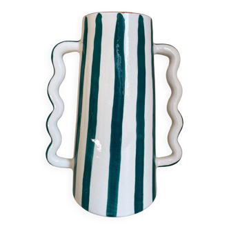 Fir and white green striped ceramic vase with handmade abstract wavy handles