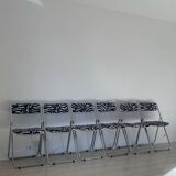 6 folding chairs in metal and zebra-patterned fabric, 1970s