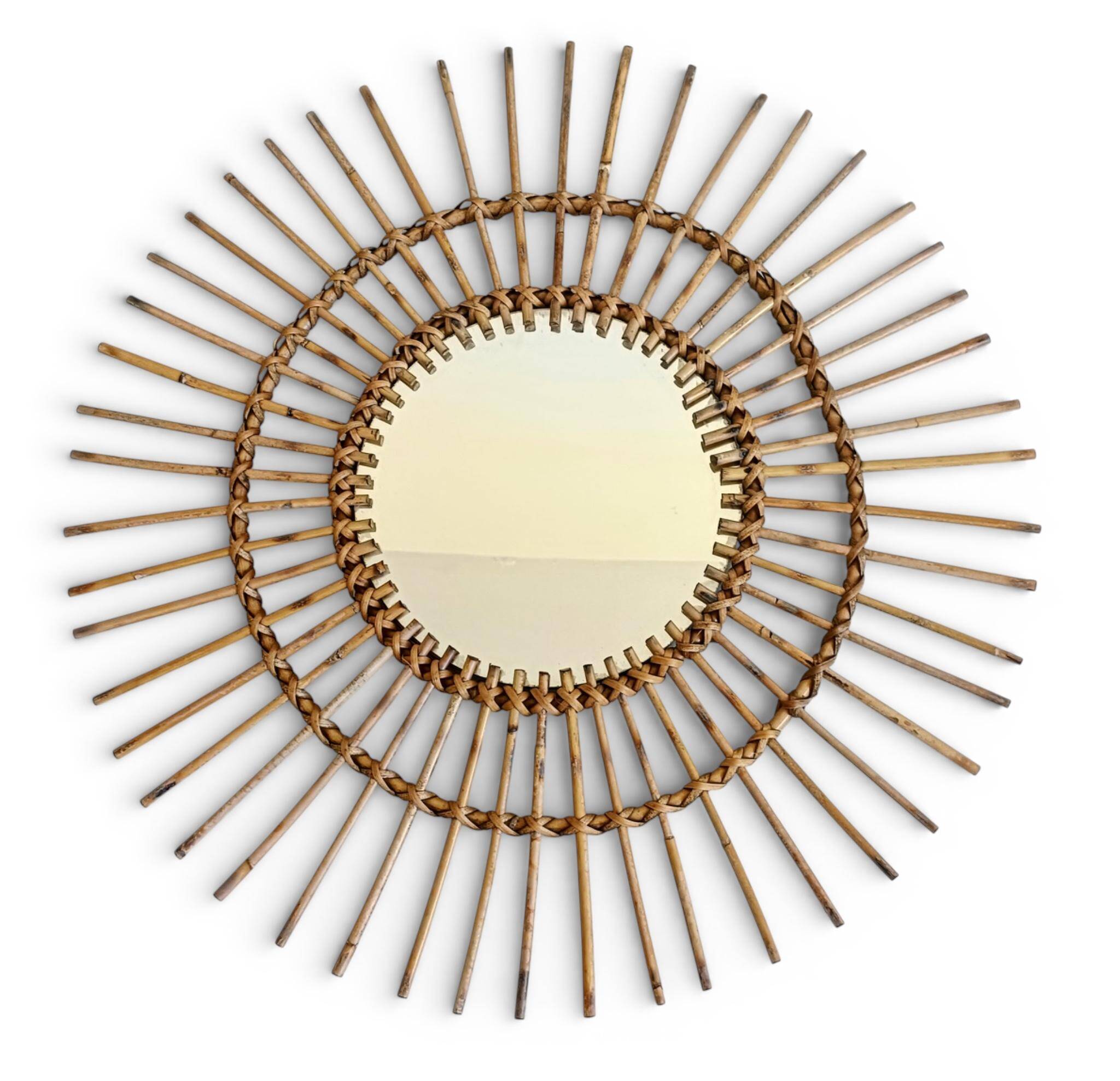 Mid Century Organic Modern Bamboo & Rattan Sunburst Patinated Mirror, 1960s