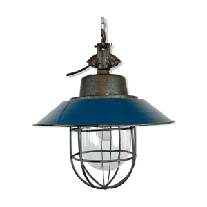 Suspension de cage industrielle en émail bleu et fonte, années 1960