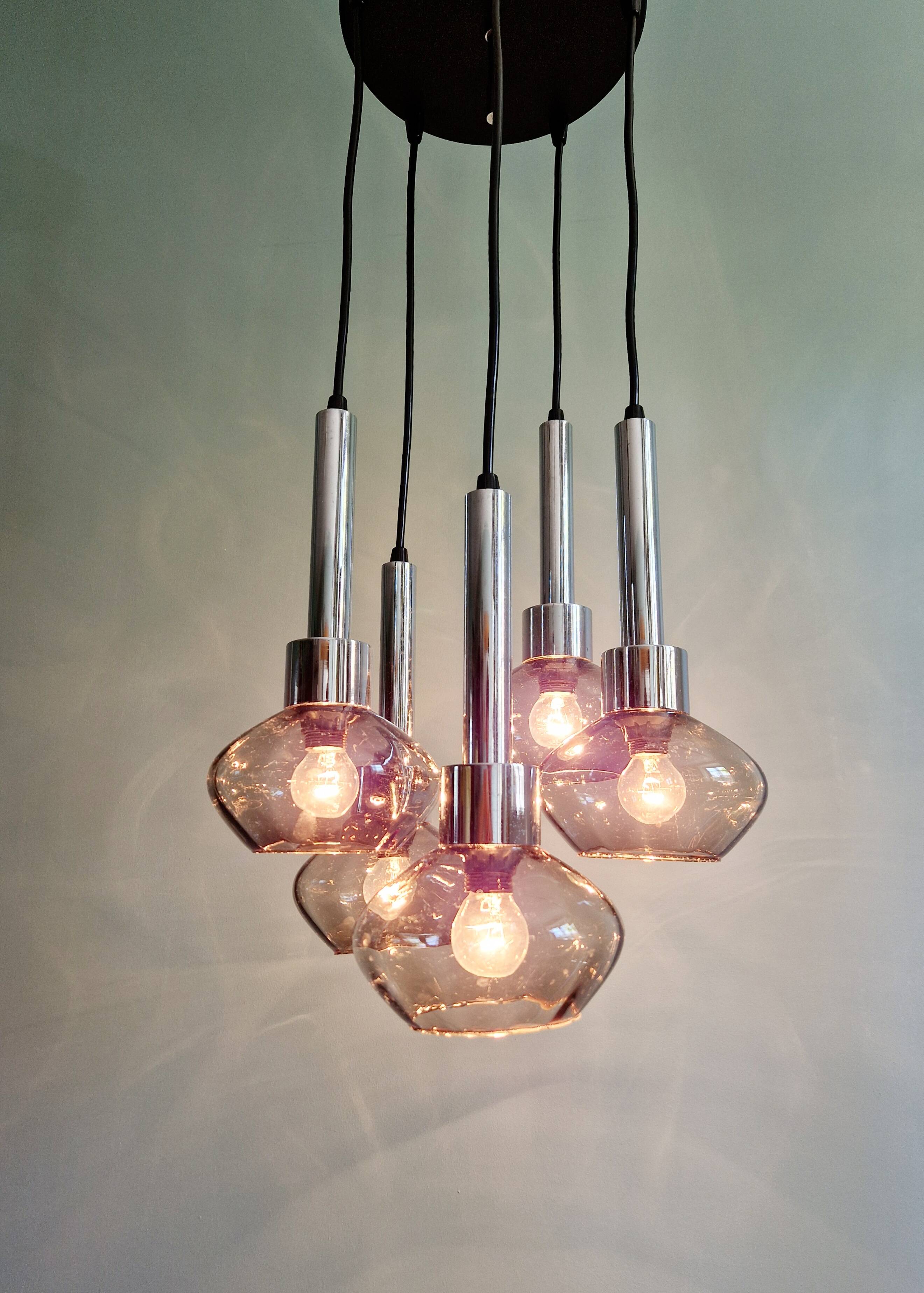 Cascade chandelier in chrome metal and smoked glass, 1970s