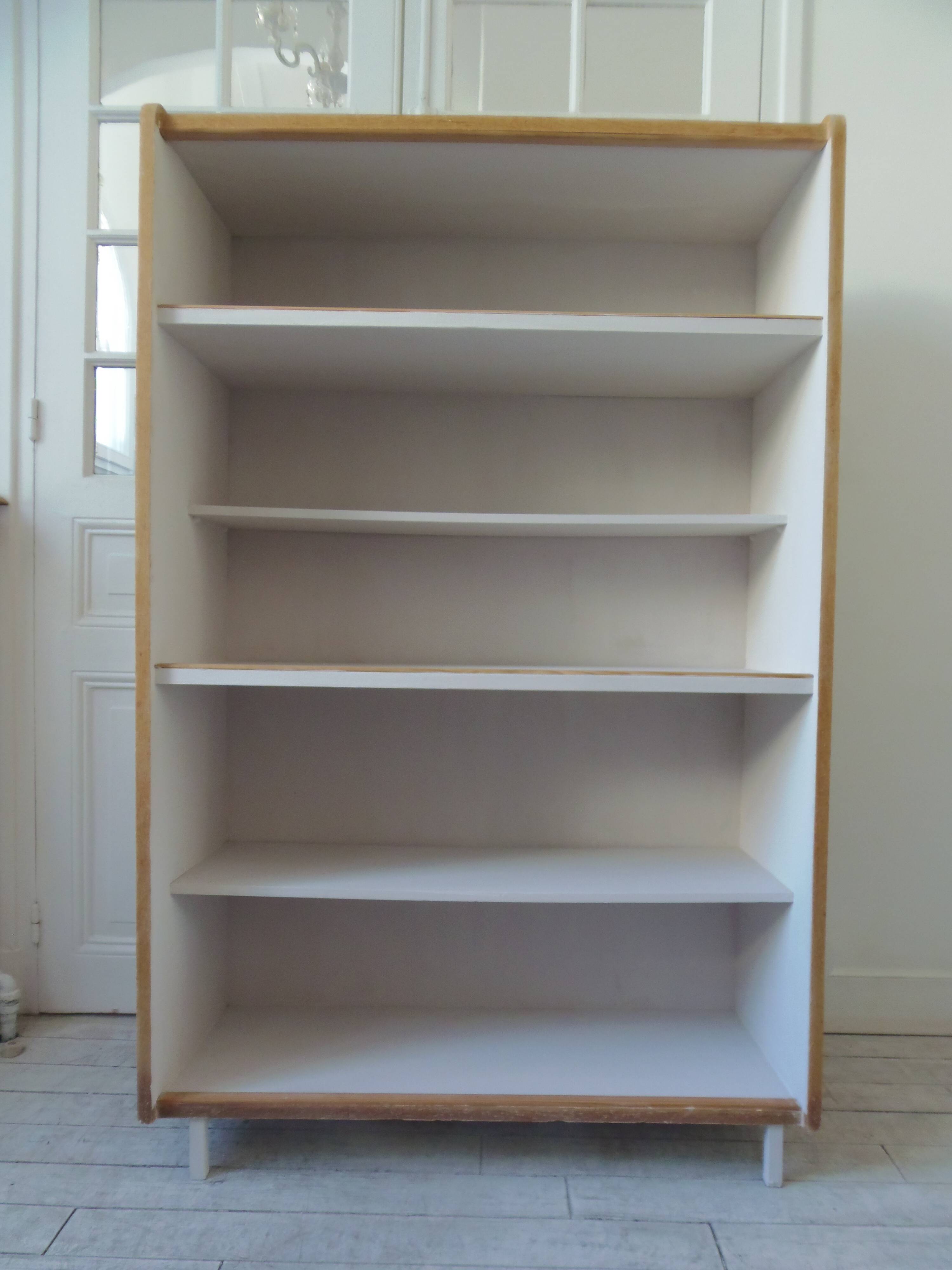 Vintage bookshelf in oak veneer, pearl grey interior, metal legs.