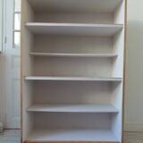 Vintage bookshelf in oak veneer, pearl grey interior, metal legs.
