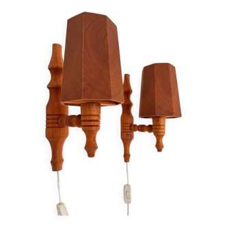 Vintage Swedish wall sconces in pine, 1970s, set of 2