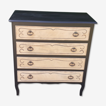 Chest of drawers 4 drawers louis XV style black and raw wood