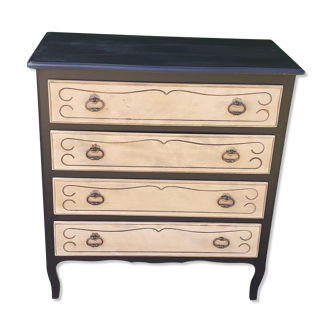 Chest of drawers 4 drawers louis XV style black and raw wood