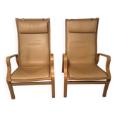 Pair of Scandinavian Bentwood Lounge Chairs in Cognac Leather, 1970s–80s
