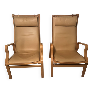 Pair of Scandinavian Bentwood Lounge Chairs in Cognac Leather, 1970s–80s