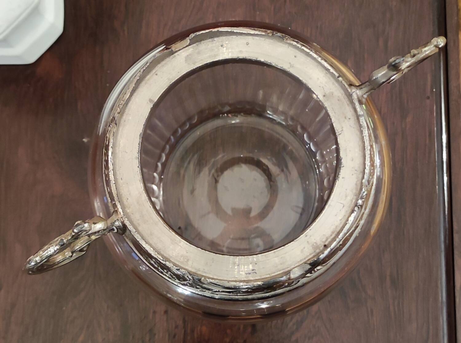 Antique silver metal and glass cookie jar/sugar bowl