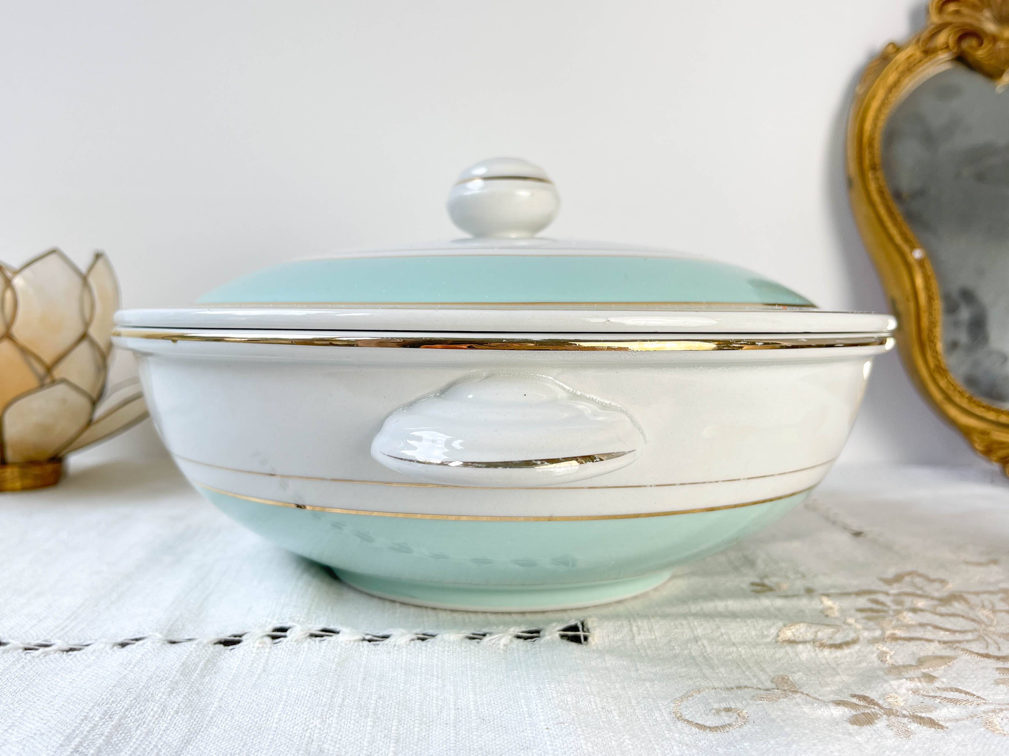 Vintage white and green porcelain tureen, Luneville, Epinay, France, 1950s