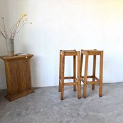 Pair of high stools in solid wood and woven straw Brutalist Style