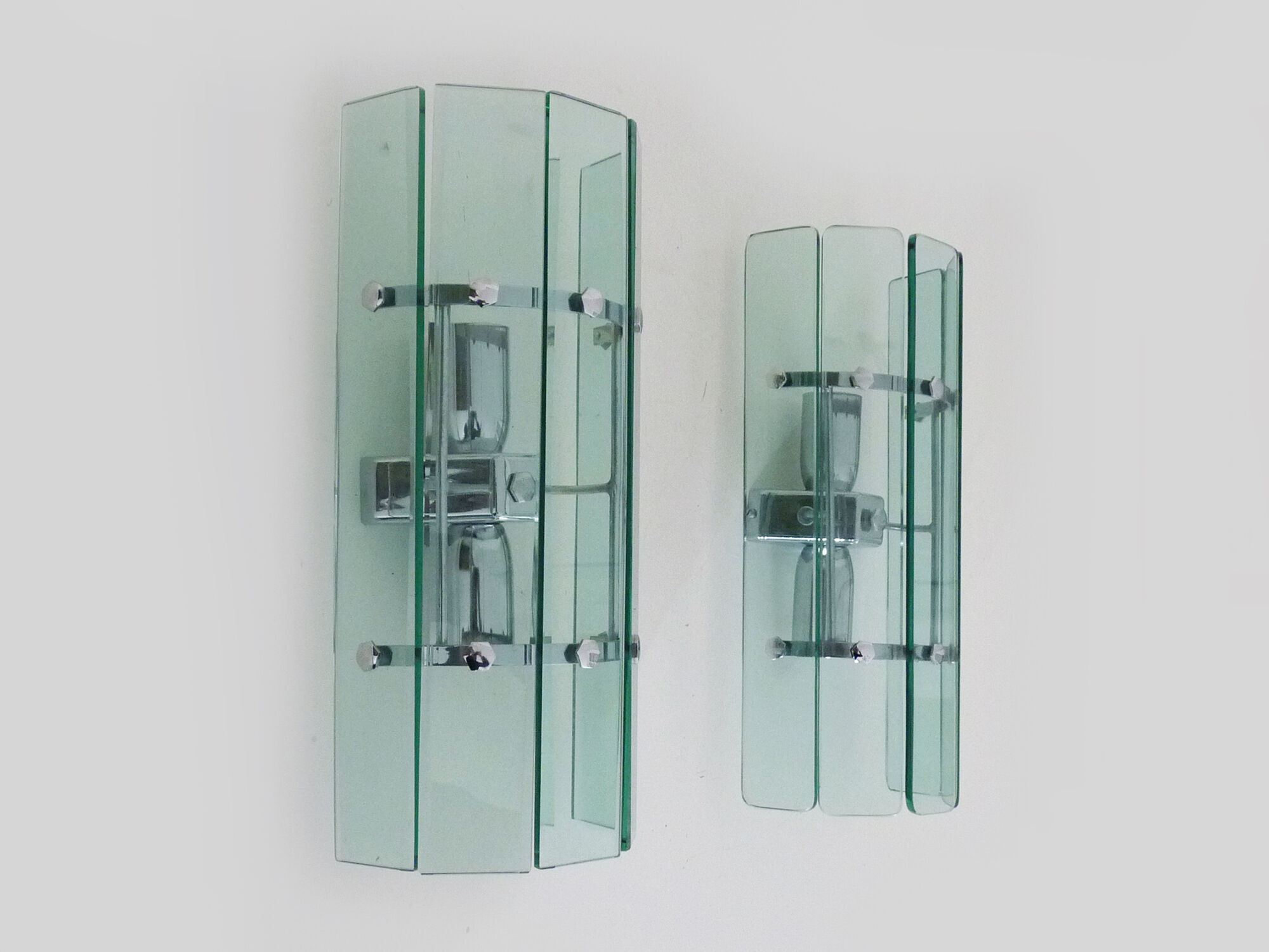 Pair of Italian Veca wall lamps in bluish glass, chrome, double lights