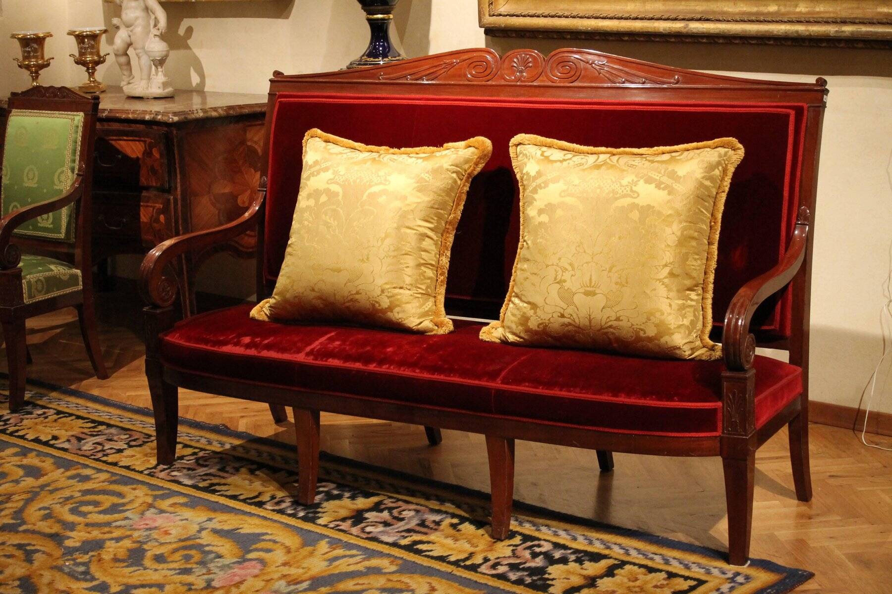 18th Century French Hand Carved Mahogany Upholstered Sofa in the style of George Jacob
