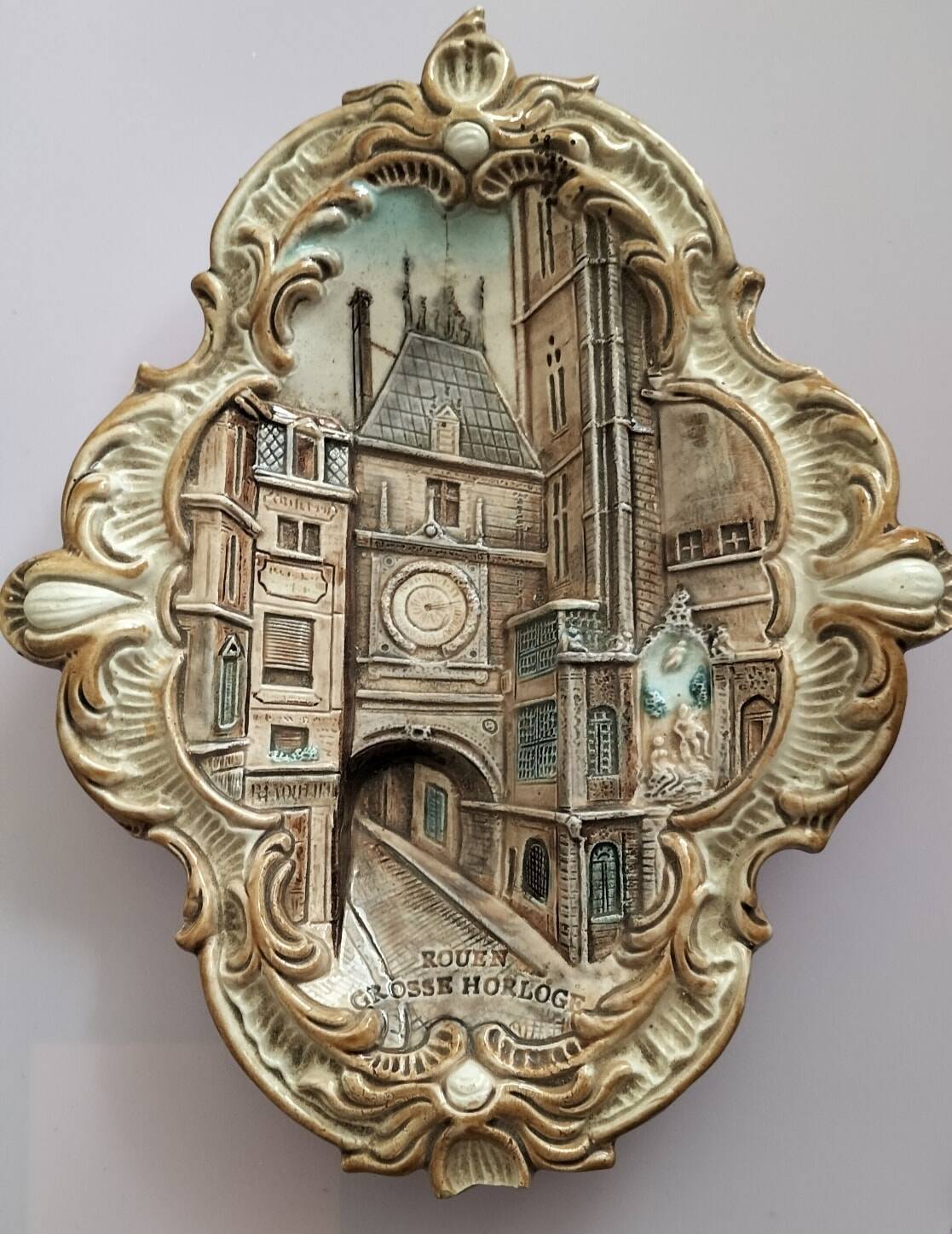 Polychrome slip wall plaque signed WS&S Rouen