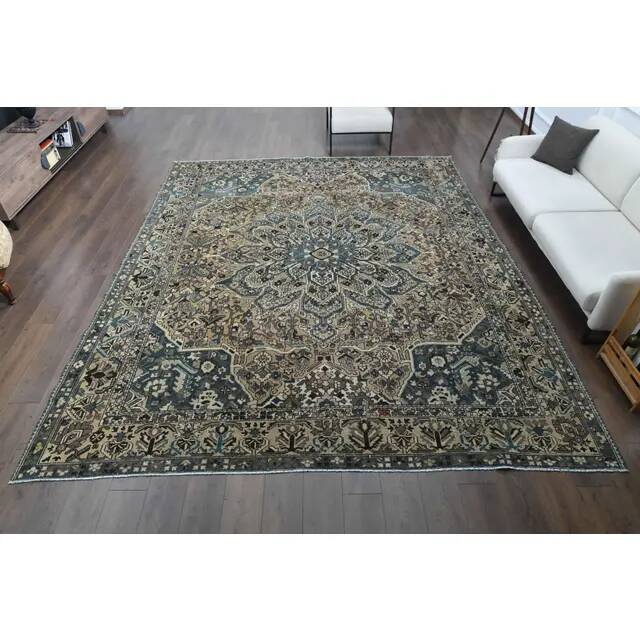 1970s Vintage Persian Handmade Wool Cotton Light Brown Area Rug 308x370