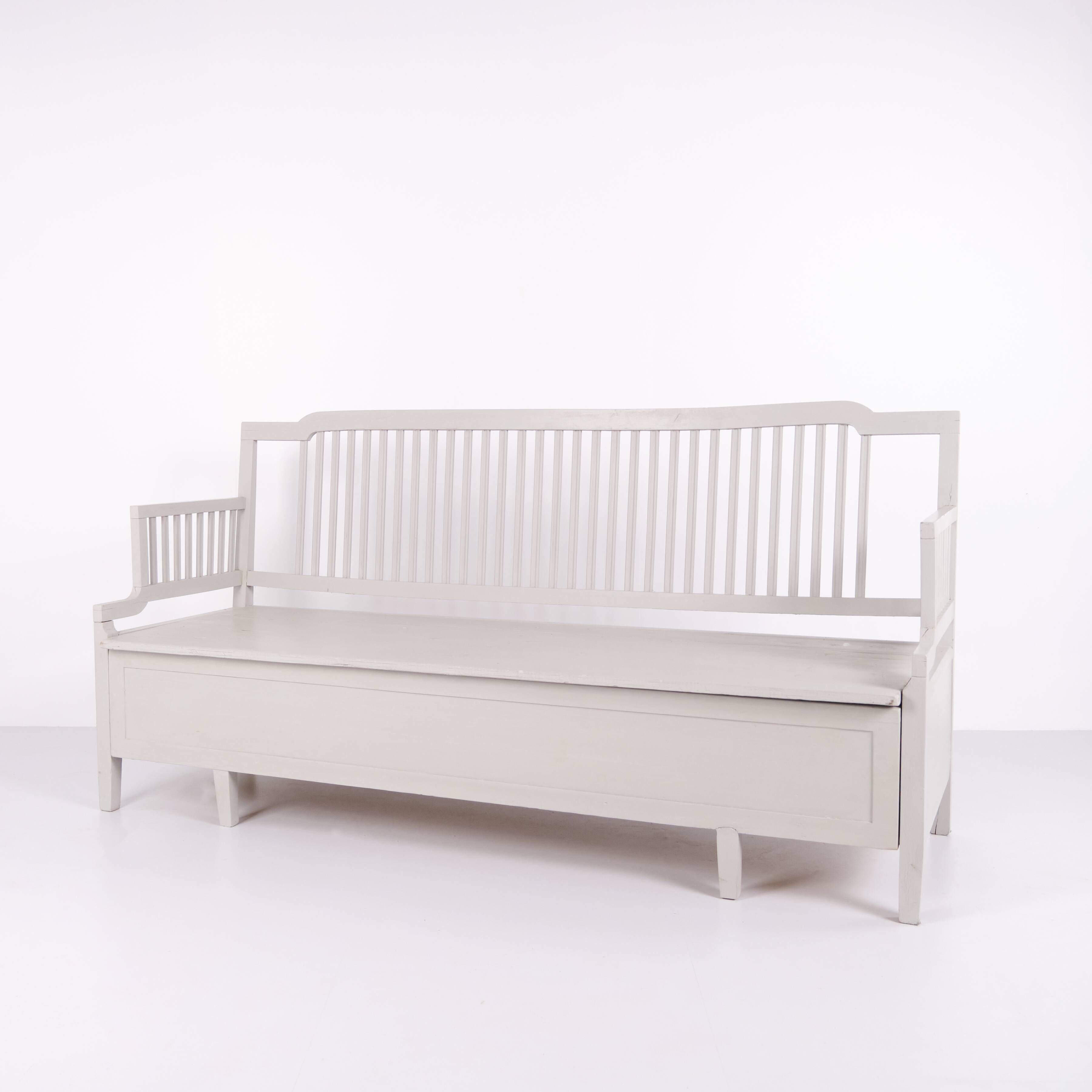 Antique storage bench with high back – grey painted – pine wood – 1860s