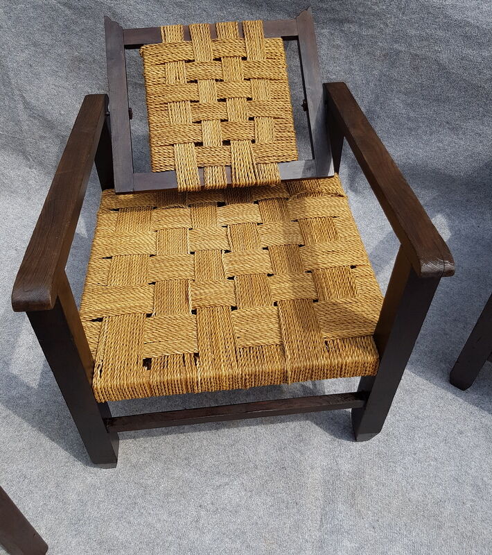 Set of chairs and armchairs from 1940, wood and woven vegetable rope