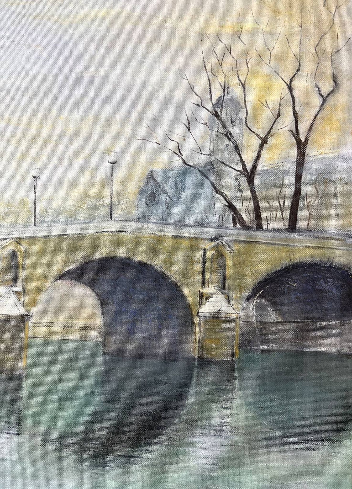 Tableau HSP "Bridge of Paris in winter" Notre Dame signed around 1950