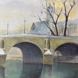 Tableau HSP "Pont de Paris en hiver" Notre Dame signé vers 1950