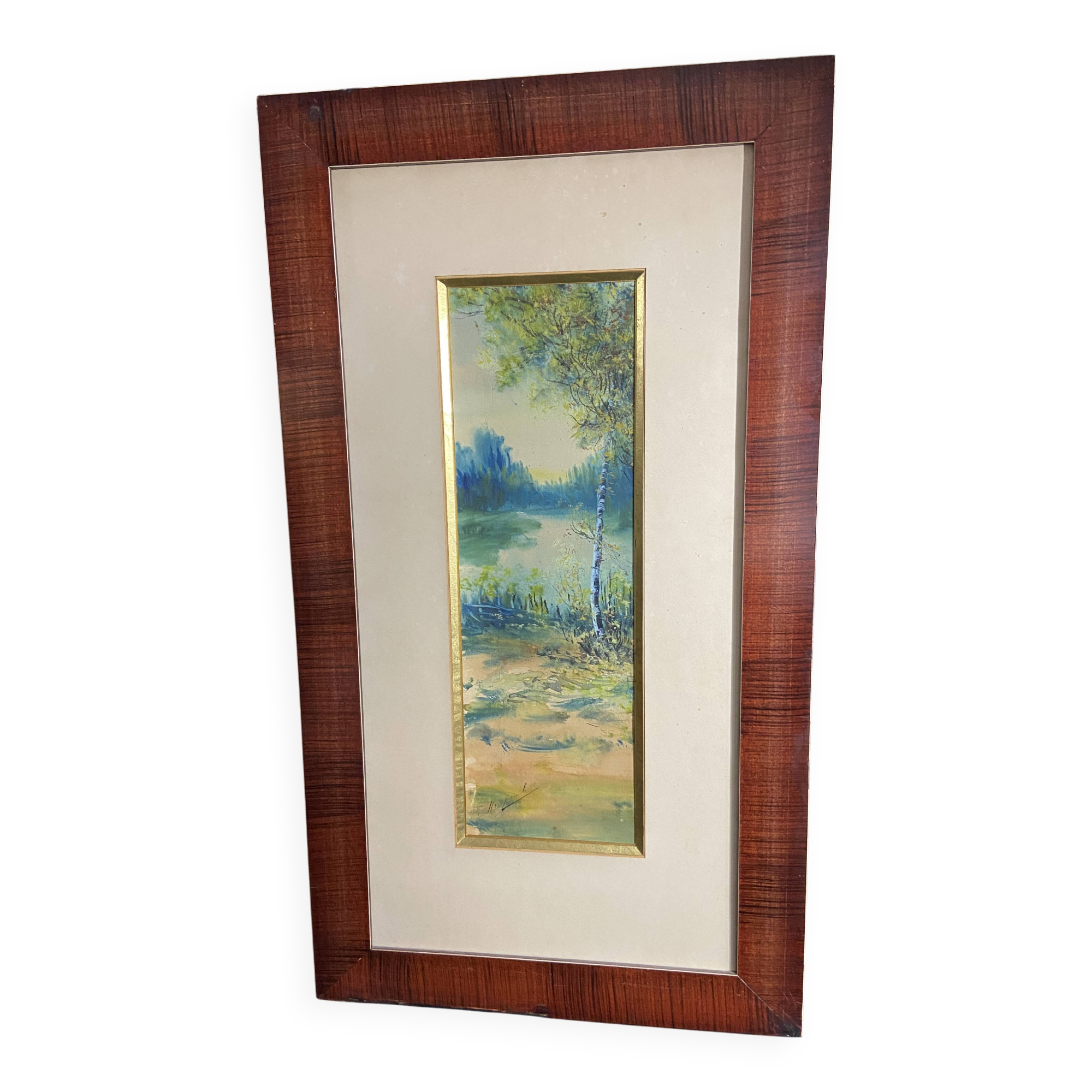 Large watercolor from the early 20th century, signed landscape of a wooded river bank