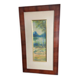 Large watercolor from the early 20th century, signed landscape of a wooded river bank