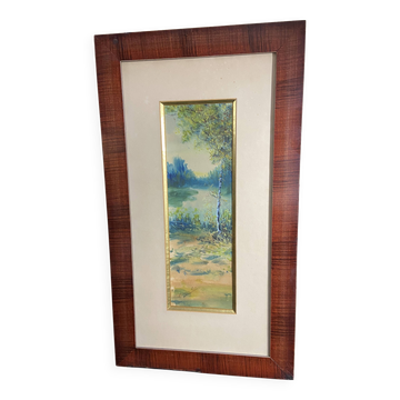 Large watercolor from the early 20th century, signed landscape of a wooded river bank