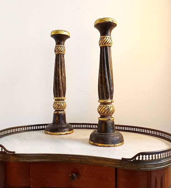 Pair of vintage gilded wood candlesticks