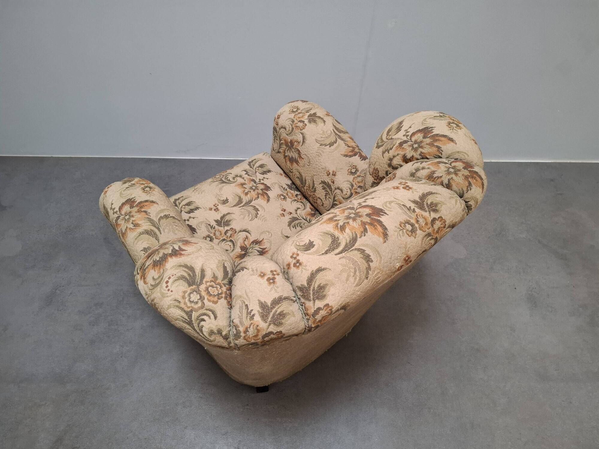 1930s Art Deco Czech Floral Upholstered Wingback Armchair